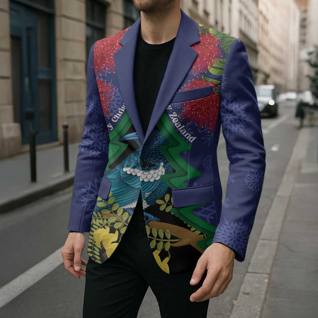 New Zealand Christmas In July Blazer Kowhai Tui Bird With Pohutukawa - Blue - Polynesian Pride