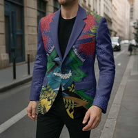 New Zealand Christmas In July Blazer Kowhai Tui Bird With Pohutukawa - Blue - Polynesian Pride