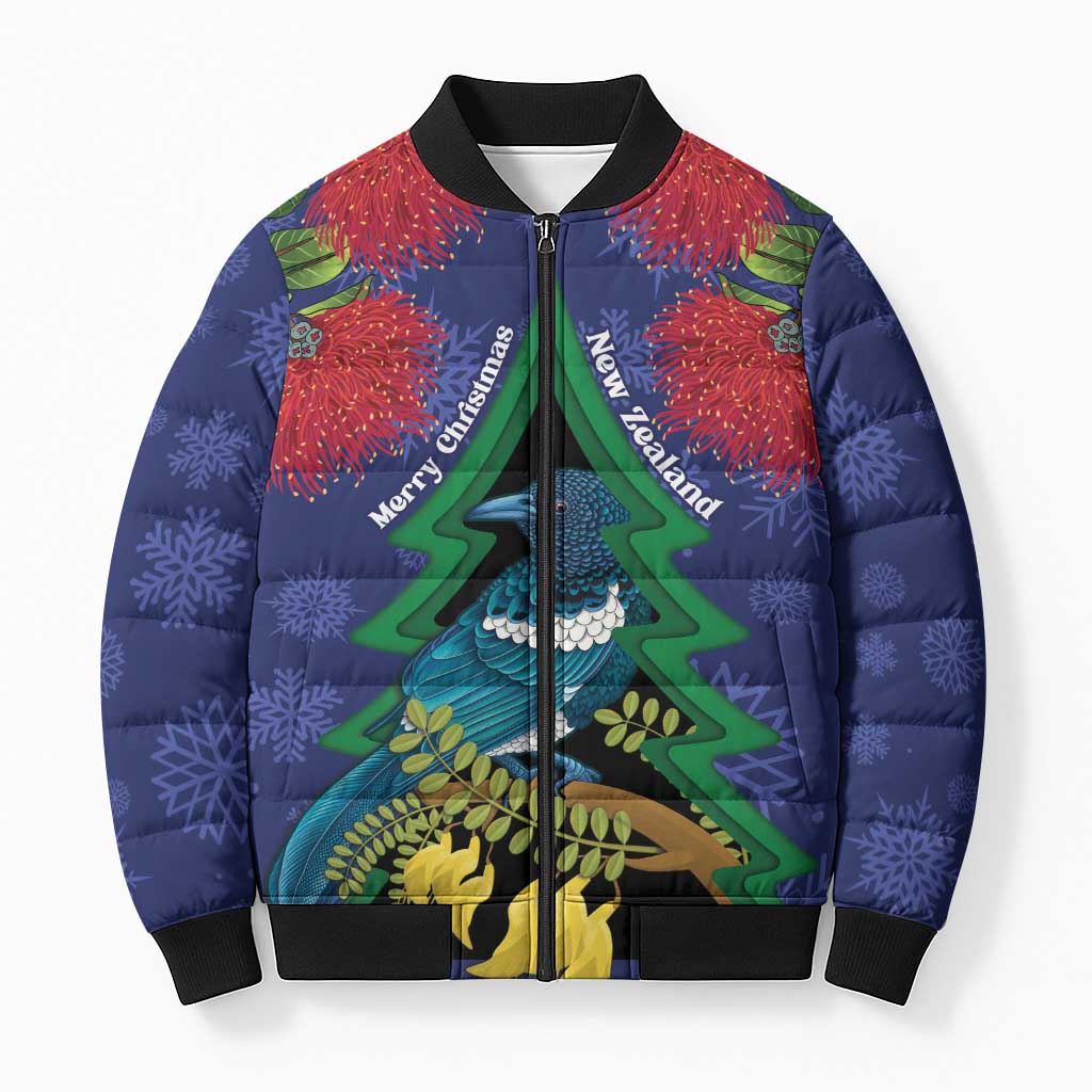 New Zealand Christmas In July Bomber Puffer Jacket Kowhai Tui Bird With Pohutukawa - Blue - Polynesian Pride