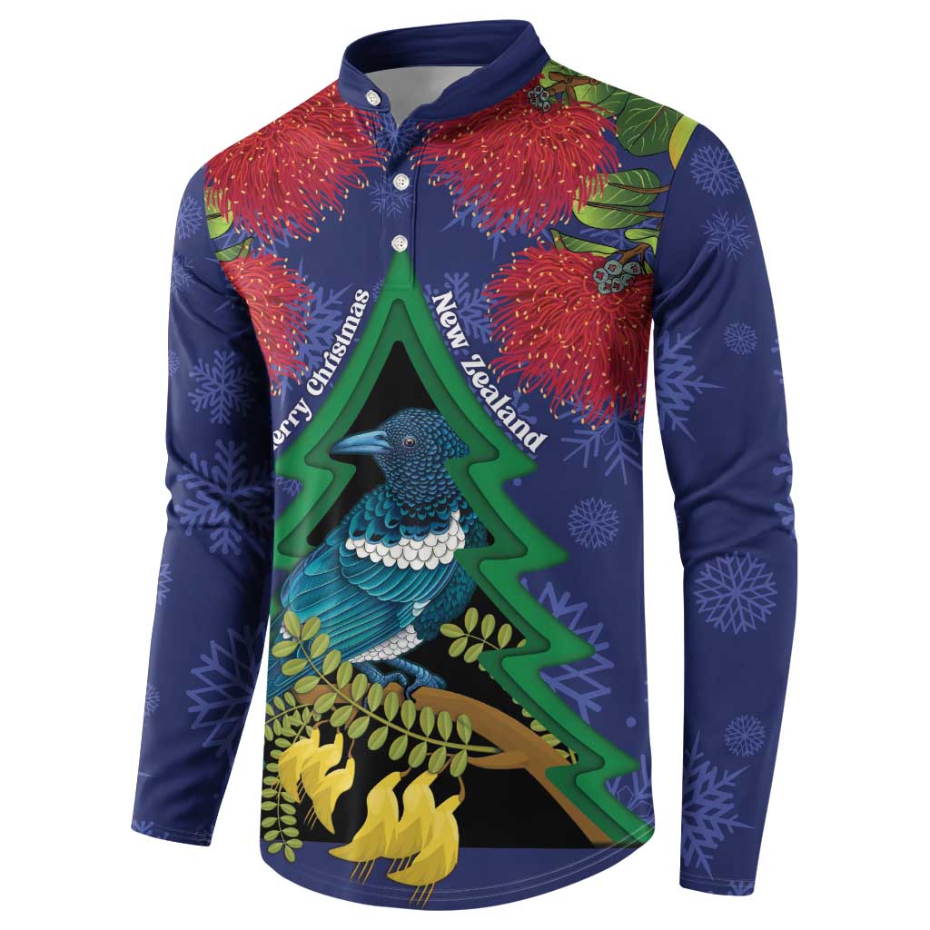New Zealand Christmas In July Button Sweatshirt Kowhai Tui Bird With Pohutukawa - Blue LT14 - Polynesian Pride
