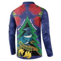 New Zealand Christmas In July Button Sweatshirt Kowhai Tui Bird With Pohutukawa - Blue LT14 - Polynesian Pride