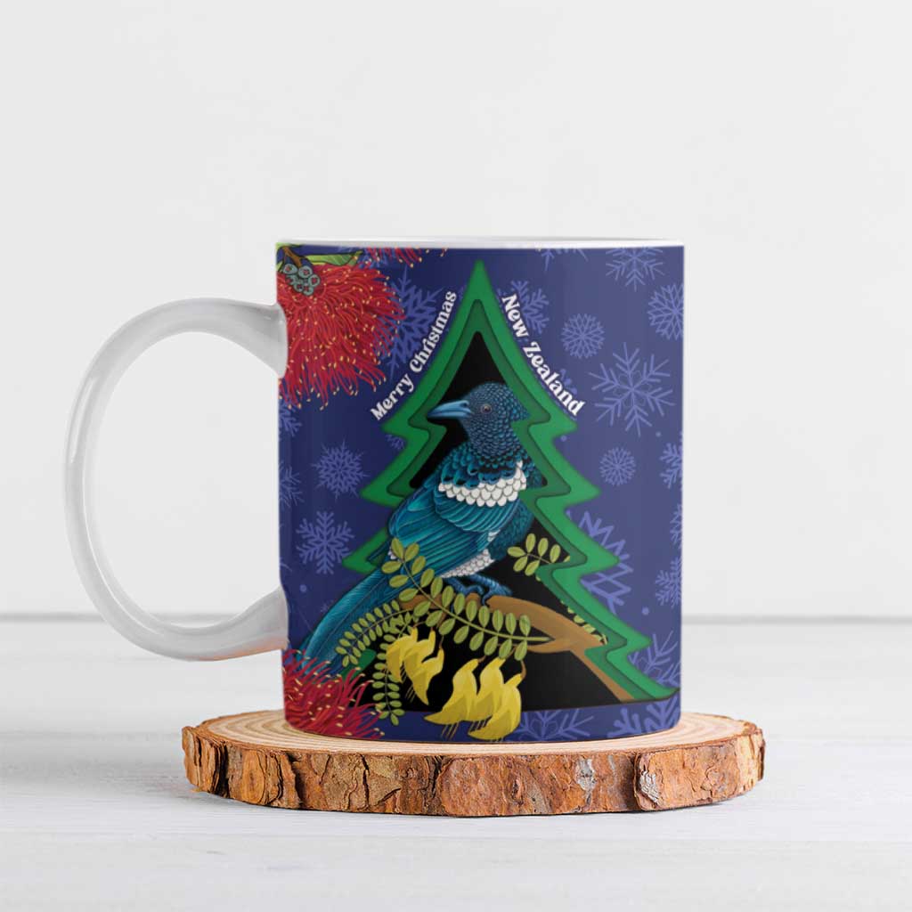 New Zealand Christmas In July Ceramic Mug Kowhai Tui Bird With Pohutukawa - Blue - Polynesian Pride