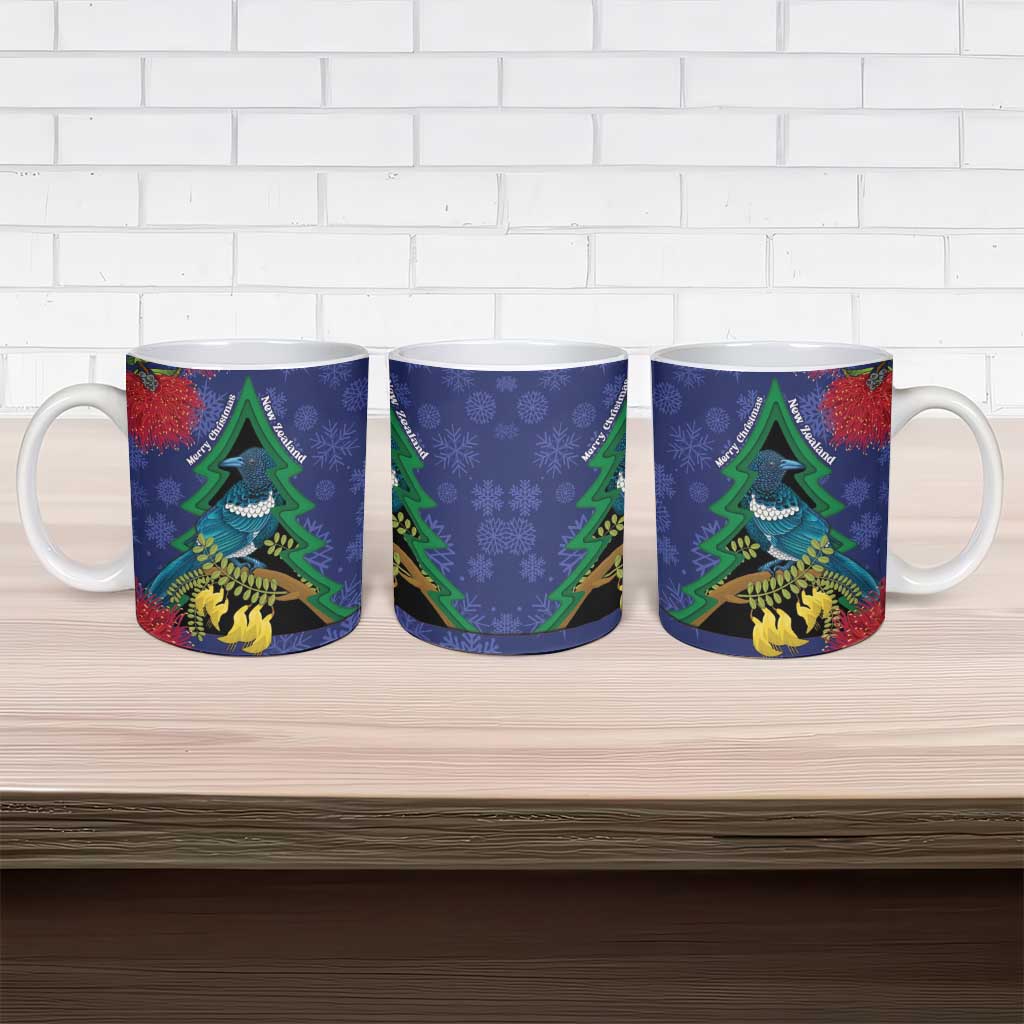 New Zealand Christmas In July Ceramic Mug Kowhai Tui Bird With Pohutukawa - Blue - Polynesian Pride