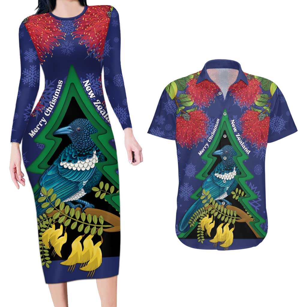 New Zealand Christmas In July Couples Matching Long Sleeve Bodycon Dress and Hawaiian Shirt Kowhai Tui Bird With Pohutukawa - Blue LT14 Blue - Polynesian Pride