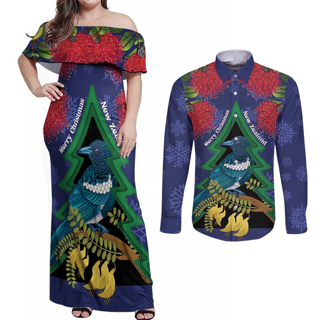 New Zealand Christmas In July Couples Matching Off Shoulder Maxi Dress and Long Sleeve Button Shirt Kowhai Tui Bird With Pohutukawa - Blue LT14 Blue - Polynesian Pride
