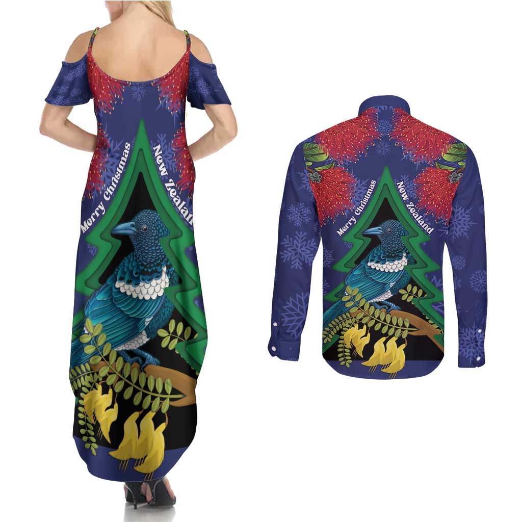 New Zealand Christmas In July Couples Matching Summer Maxi Dress and Long Sleeve Button Shirt Kowhai Tui Bird With Pohutukawa - Blue