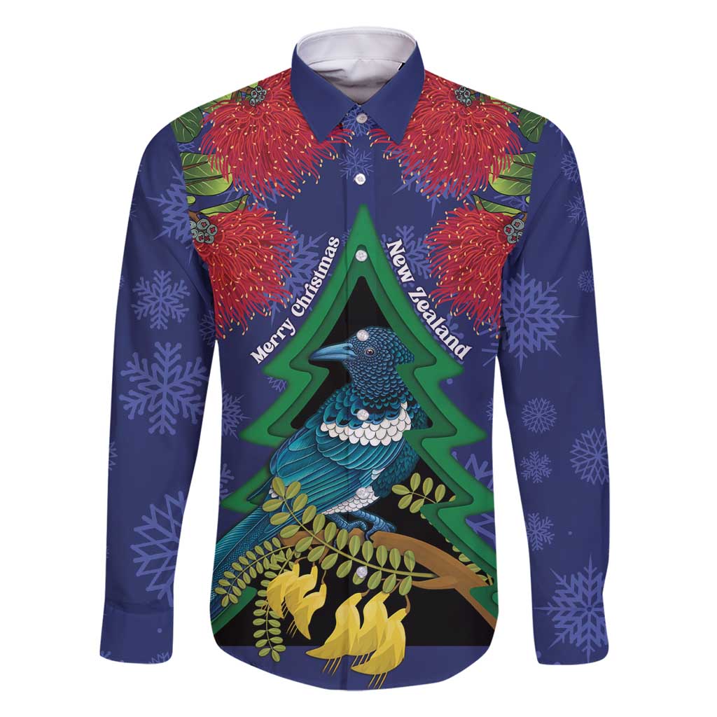 New Zealand Christmas In July Family Matching Long Sleeve Bodycon Dress and Hawaiian Shirt Kowhai Tui Bird With Pohutukawa - Blue