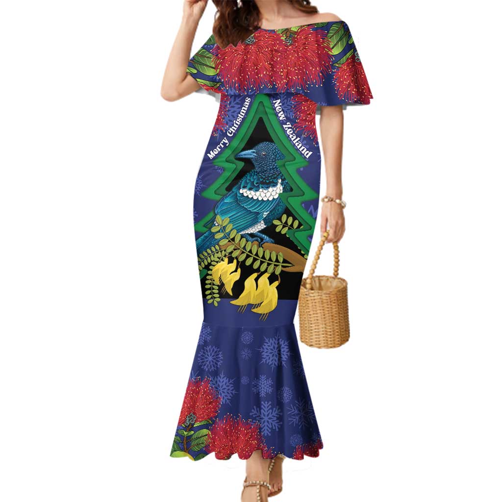 New Zealand Christmas In July Family Matching Mermaid Dress and Hawaiian Shirt Kowhai Tui Bird With Pohutukawa - Blue