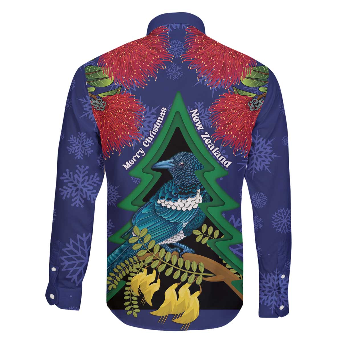 New Zealand Christmas In July Family Matching Off The Shoulder Long Sleeve Dress and Hawaiian Shirt Kowhai Tui Bird With Pohutukawa - Blue
