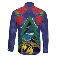 New Zealand Christmas In July Family Matching Off The Shoulder Long Sleeve Dress and Hawaiian Shirt Kowhai Tui Bird With Pohutukawa - Blue