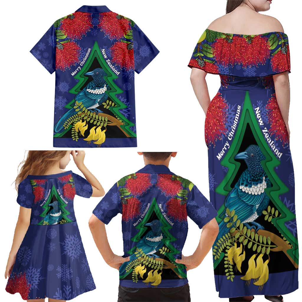 New Zealand Christmas In July Family Matching Off Shoulder Maxi Dress and Hawaiian Shirt Kowhai Tui Bird With Pohutukawa - Blue