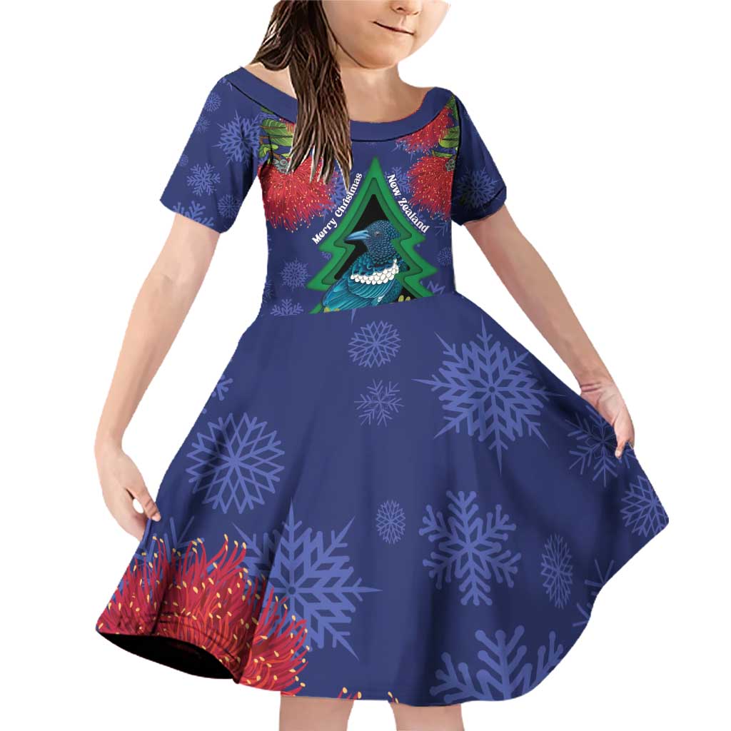 New Zealand Christmas In July Family Matching Off Shoulder Short Dress and Hawaiian Shirt Kowhai Tui Bird With Pohutukawa - Blue