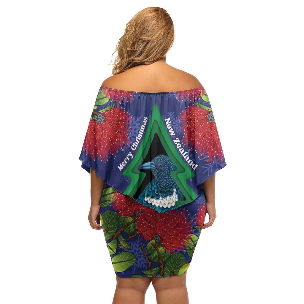 New Zealand Christmas In July Family Matching Off Shoulder Short Dress and Hawaiian Shirt Kowhai Tui Bird With Pohutukawa - Blue
