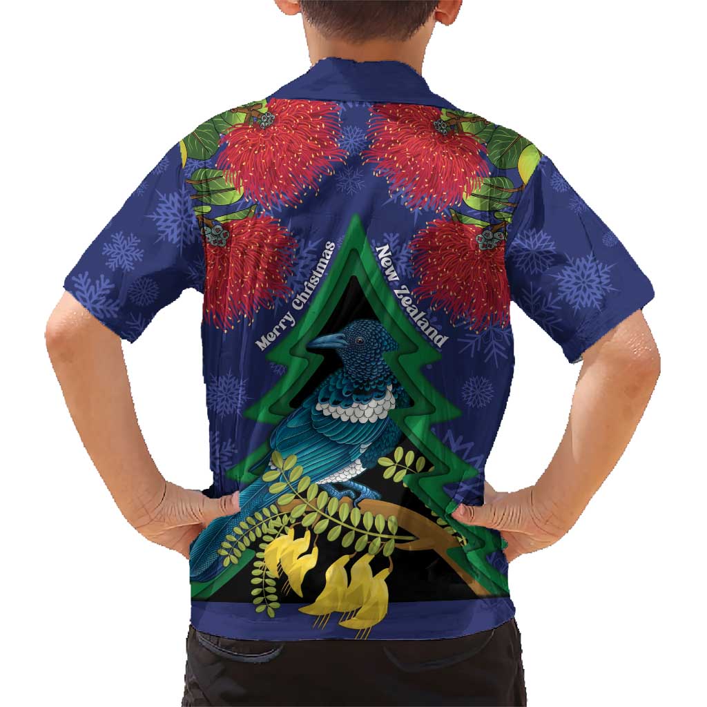 New Zealand Christmas In July Family Matching Short Sleeve Bodycon Dress and Hawaiian Shirt Kowhai Tui Bird With Pohutukawa - Blue