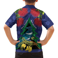 New Zealand Christmas In July Family Matching Short Sleeve Bodycon Dress and Hawaiian Shirt Kowhai Tui Bird With Pohutukawa - Blue