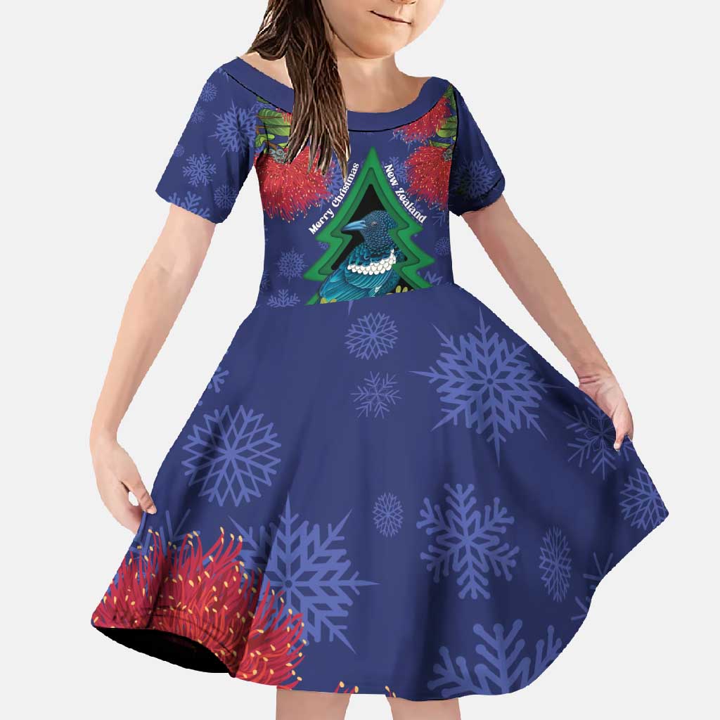 New Zealand Christmas In July Family Matching Short Sleeve Bodycon Dress and Hawaiian Shirt Kowhai Tui Bird With Pohutukawa - Blue