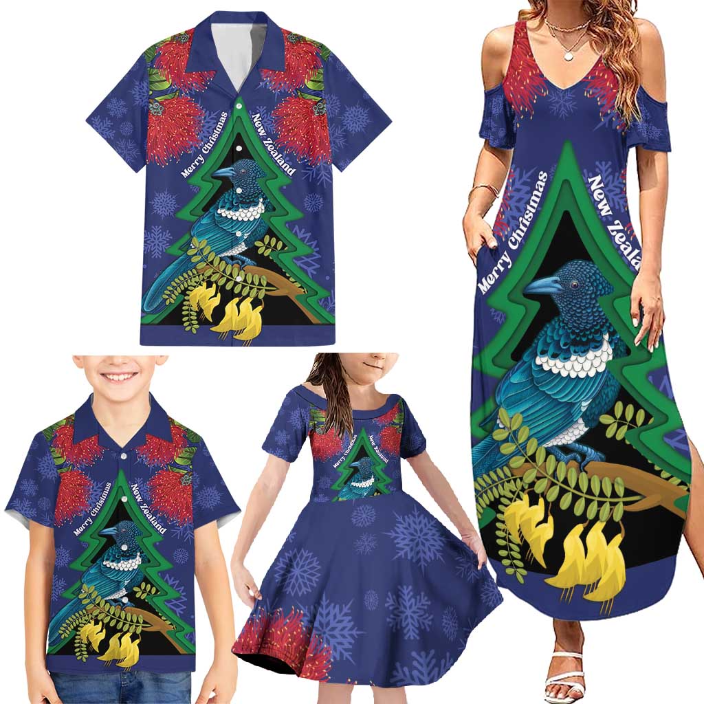 New Zealand Christmas In July Family Matching Summer Maxi Dress and Hawaiian Shirt Kowhai Tui Bird With Pohutukawa - Blue LT14 - Polynesian Pride