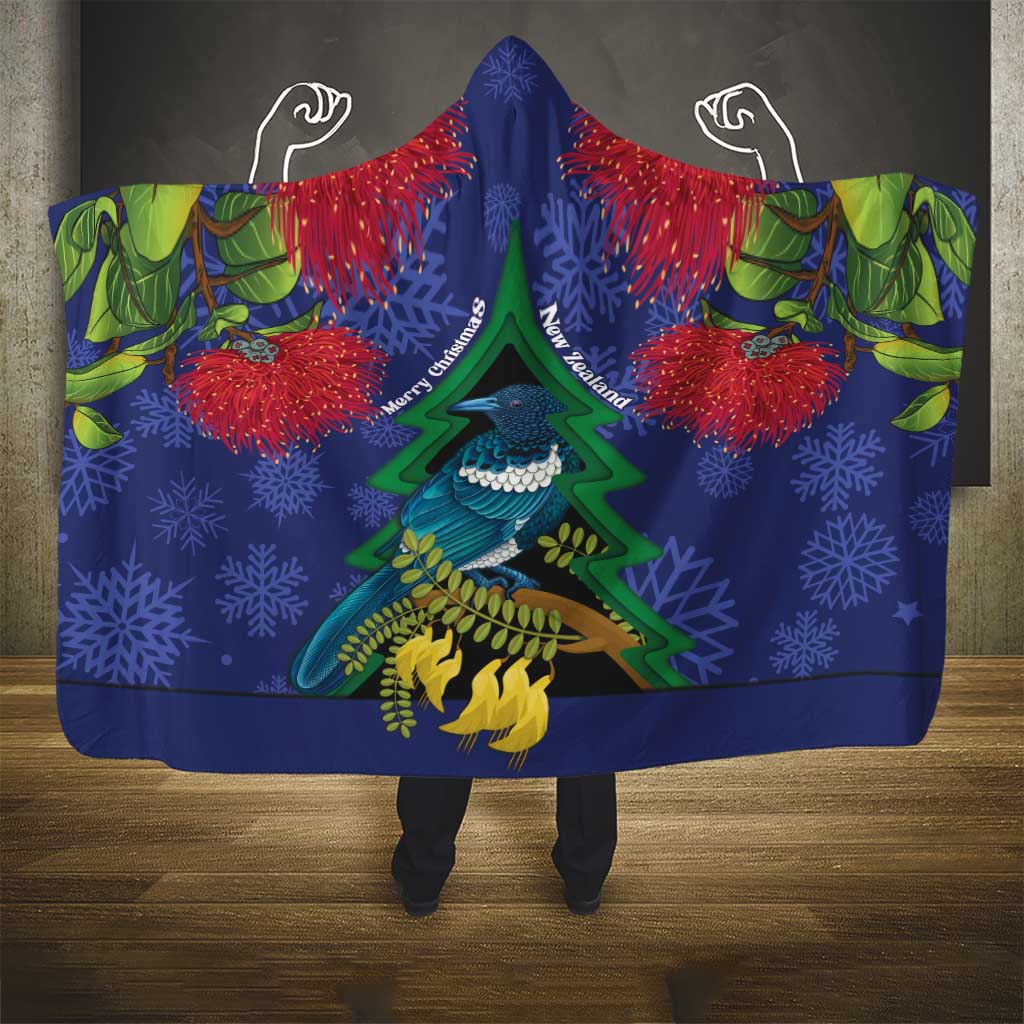 New Zealand Christmas In July Hooded Blanket Kowhai Tui Bird With Pohutukawa - Blue
