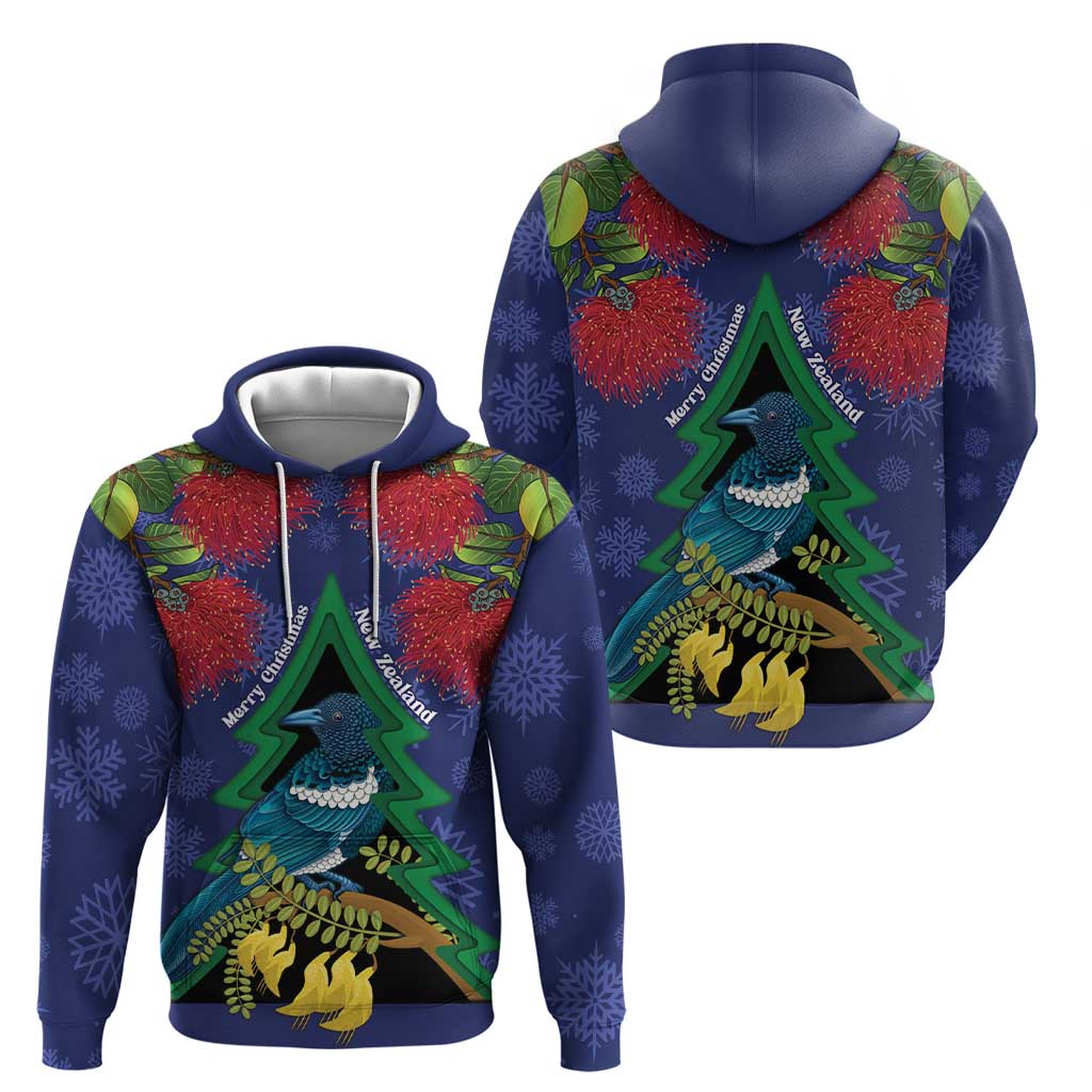 New Zealand Christmas In July Hoodie Kowhai Tui Bird With Pohutukawa - Blue