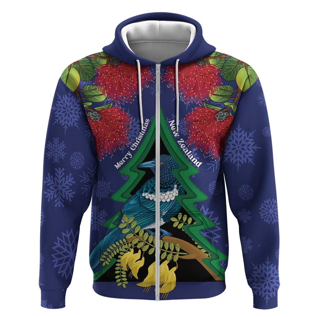 New Zealand Christmas In July Hoodie Kowhai Tui Bird With Pohutukawa - Blue