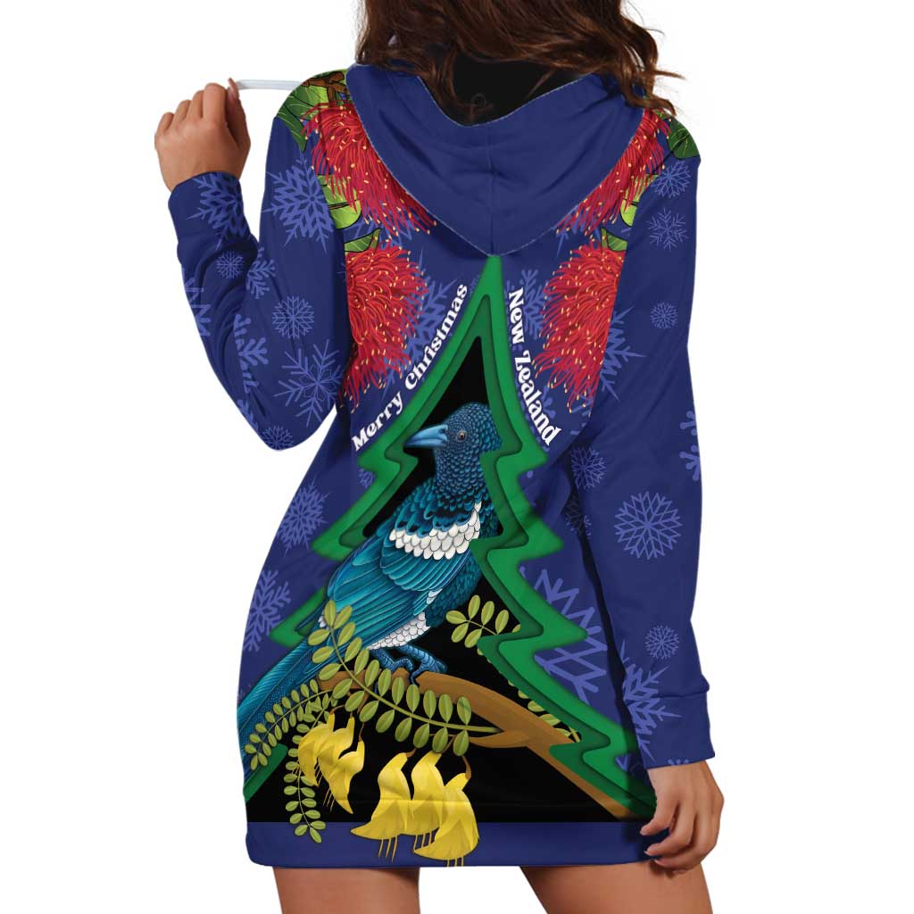 New Zealand Christmas In July Hoodie Dress Kowhai Tui Bird With Pohutukawa - Blue