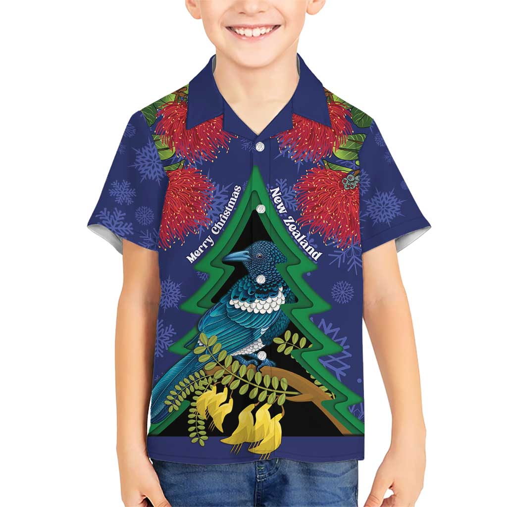 New Zealand Christmas In July Kid Hawaiian Shirt Kowhai Tui Bird With Pohutukawa - Blue
