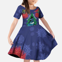 New Zealand Christmas In July Kid Short Sleeve Dress Kowhai Tui Bird With Pohutukawa - Blue