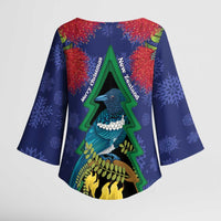 New Zealand Christmas In July Kimono Sleeve Blouse Kowhai Tui Bird With Pohutukawa - Blue - Polynesian Pride
