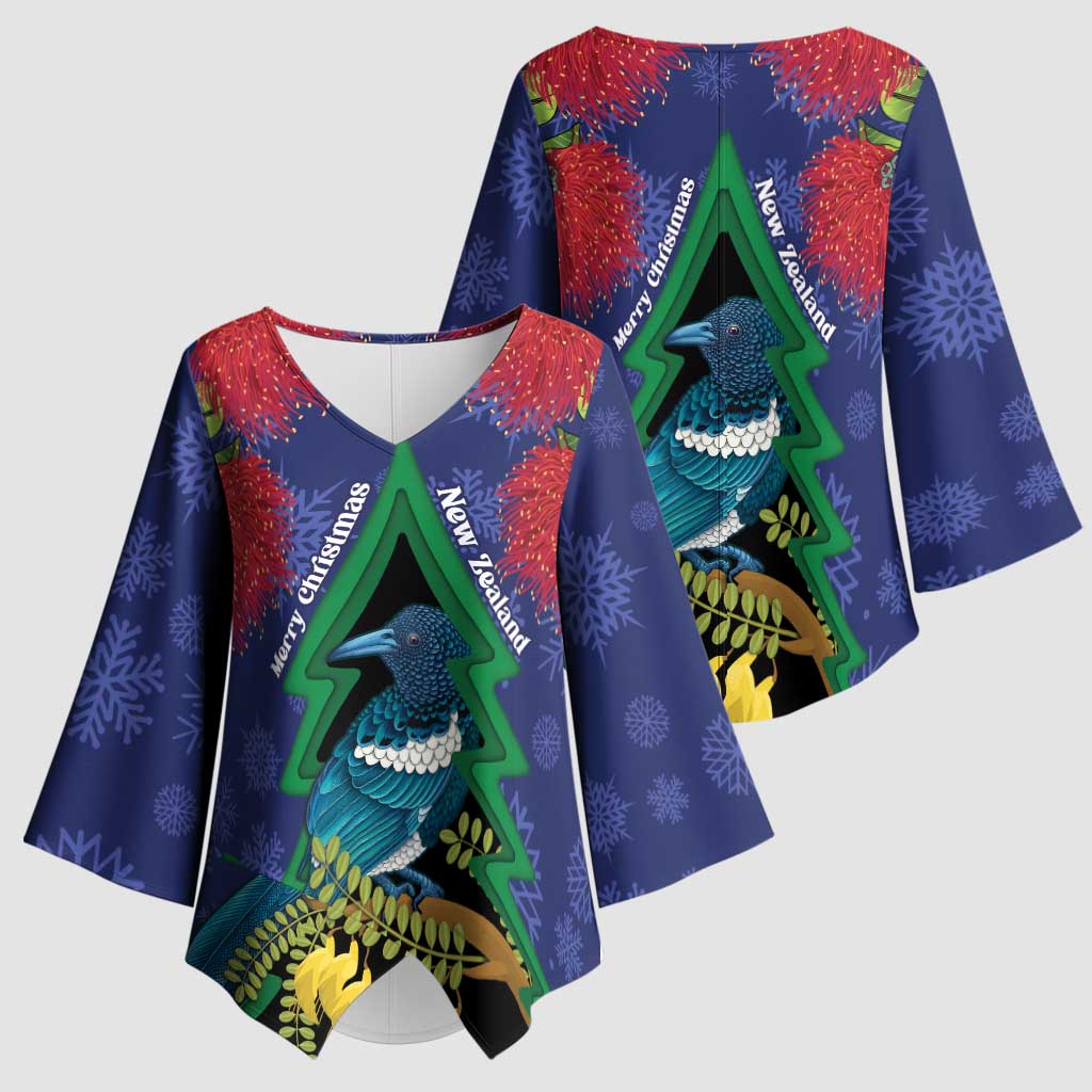 New Zealand Christmas In July Kimono Sleeve Blouse Kowhai Tui Bird With Pohutukawa - Blue - Polynesian Pride