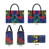 New Zealand Christmas In July Leather Bag Kowhai Tui Bird With Pohutukawa - Blue - Polynesian Pride