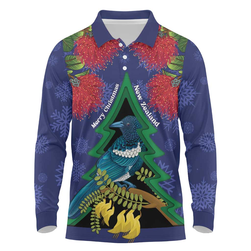 New Zealand Christmas In July Long Sleeve Polo Shirt Kowhai Tui Bird With Pohutukawa - Blue