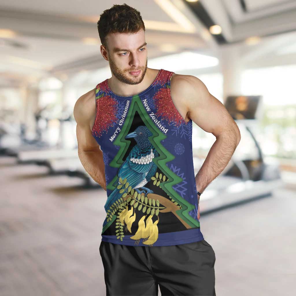 New Zealand Christmas In July Men Tank Top Kowhai Tui Bird With Pohutukawa - Blue LT14 Blue - Polynesian Pride