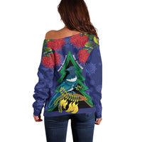 New Zealand Christmas In July Off Shoulder Sweater Kowhai Tui Bird With Pohutukawa - Blue