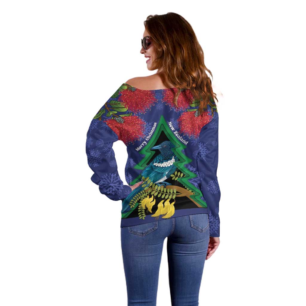 New Zealand Christmas In July Off Shoulder Sweater Kowhai Tui Bird With Pohutukawa - Blue
