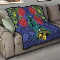 New Zealand Christmas In July Quilt Kowhai Tui Bird With Pohutukawa - Blue