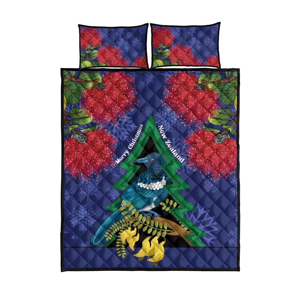New Zealand Christmas In July Quilt Bed Set Kowhai Tui Bird With Pohutukawa - Blue