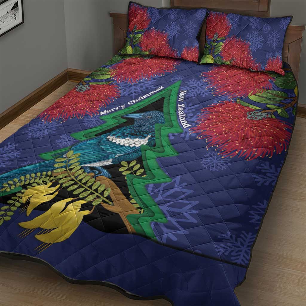 New Zealand Christmas In July Quilt Bed Set Kowhai Tui Bird With Pohutukawa - Blue