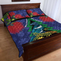 New Zealand Christmas In July Quilt Bed Set Kowhai Tui Bird With Pohutukawa - Blue