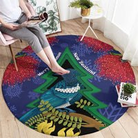 New Zealand Christmas In July Round Carpet Kowhai Tui Bird With Pohutukawa - Blue