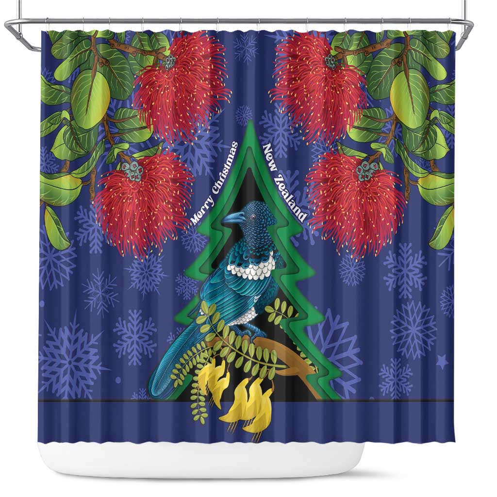 New Zealand Christmas In July Shower Curtain Kowhai Tui Bird With Pohutukawa - Blue