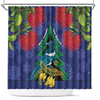 New Zealand Christmas In July Shower Curtain Kowhai Tui Bird With Pohutukawa - Blue