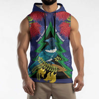 New Zealand Christmas In July Sleeveless Hoodie Kowhai Tui Bird With Pohutukawa - Blue - Polynesian Pride