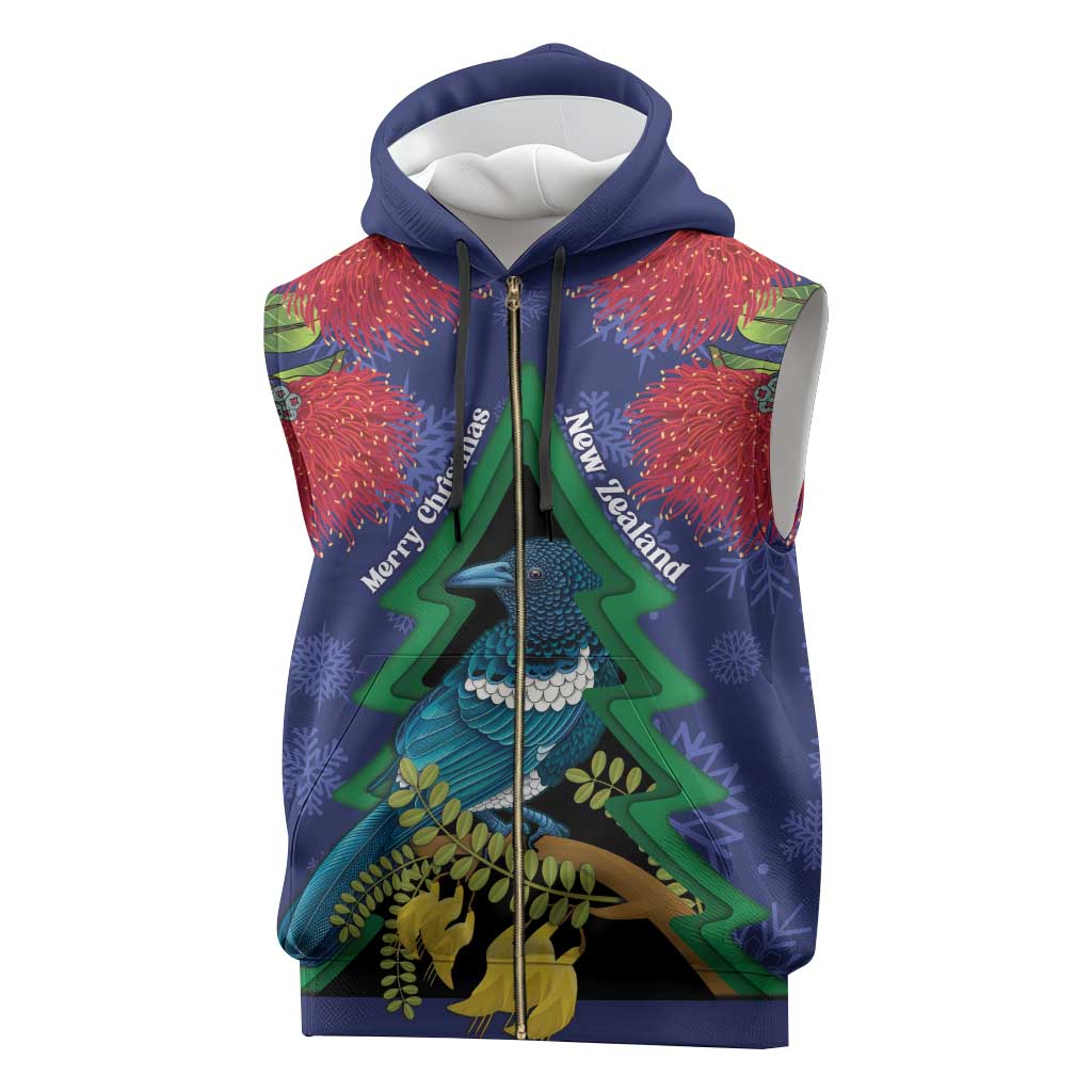 New Zealand Christmas In July Sleeveless Zip Hoodie Kowhai Tui Bird With Pohutukawa - Blue - Polynesian Pride