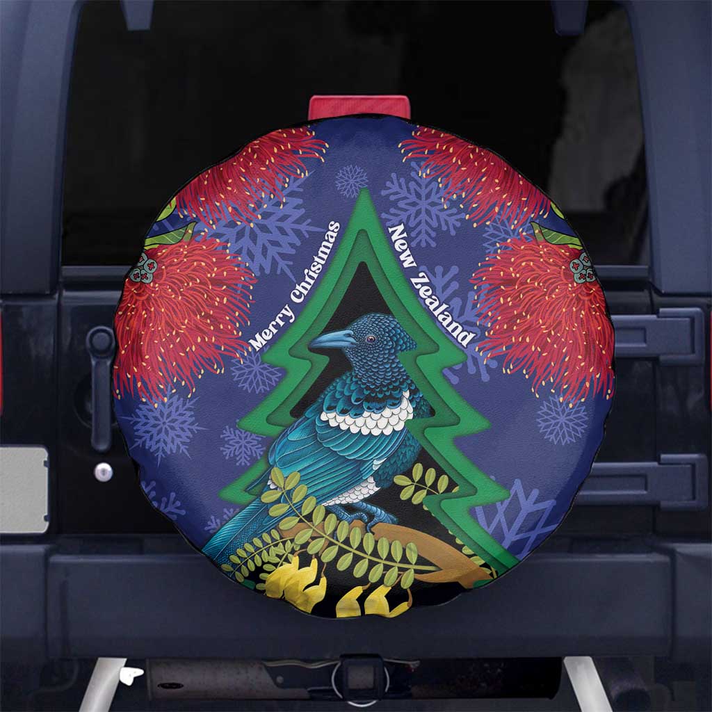 New Zealand Christmas In July Spare Tire Cover Kowhai Tui Bird With Pohutukawa - Blue
