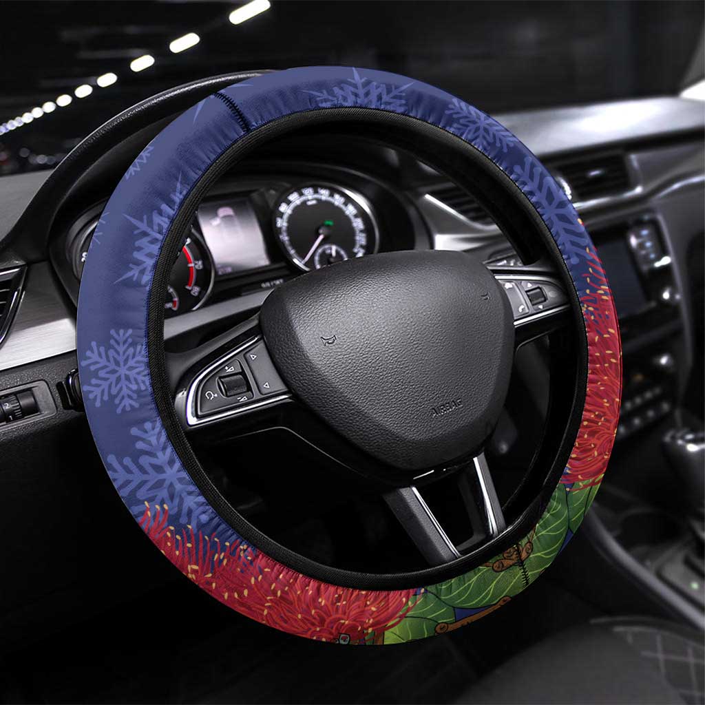 New Zealand Christmas In July Steering Wheel Cover Kowhai Tui Bird With Pohutukawa - Blue LT14 Universal Fit Blue - Polynesian Pride