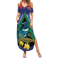 New Zealand Christmas In July Summer Maxi Dress Kowhai Tui Bird With Pohutukawa - Blue