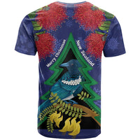 New Zealand Christmas In July T Shirt Kowhai Tui Bird With Pohutukawa - Blue