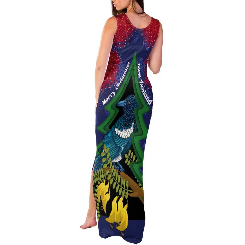 New Zealand Christmas In July Tank Maxi Dress Kowhai Tui Bird With Pohutukawa - Blue