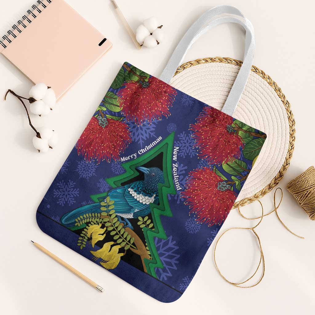 New Zealand Christmas In July Tote Bag Kowhai Tui Bird With Pohutukawa - Blue - Polynesian Pride