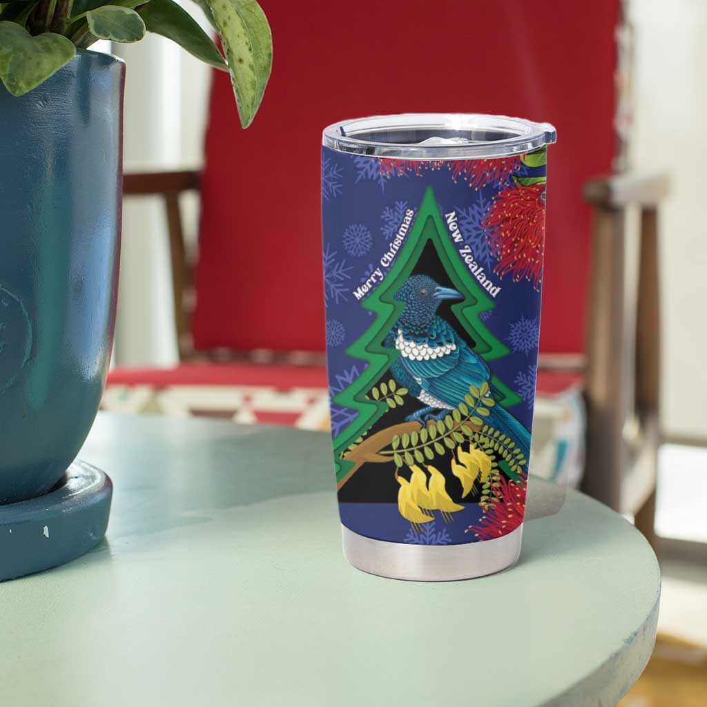 New Zealand Christmas In July Tumbler Cup Kowhai Tui Bird With Pohutukawa - Blue